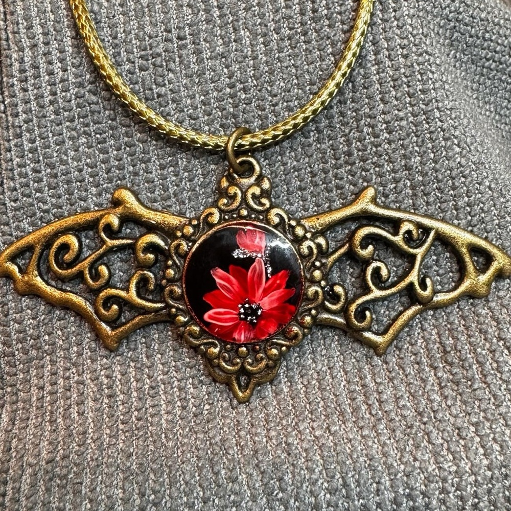 Bronze goth steampunk batwing pendant necklace